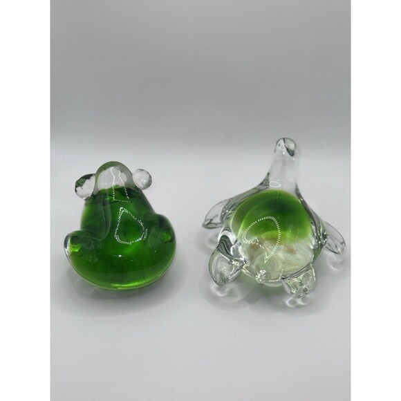 Murano Style Frog And Turtle Paperweight Set Green Hand Blown Art Glass - Picture 4 of 14